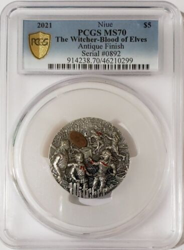 2021 2 Oz Silver $5 Niue The Witcher BLOOD OF ELVES PCGS MS70 Gold Shield Long Slab Coin.