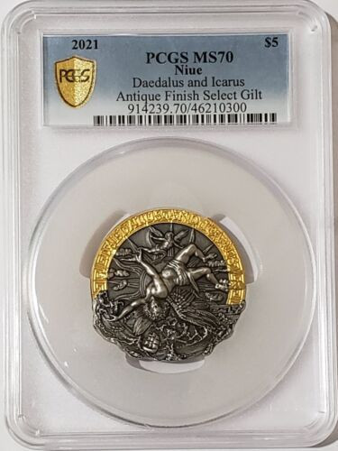 2021 2 Oz Silver $5 Niue Mythology DAEDALUS N ICARUS PCGS MS70 Gold Shield Coin.