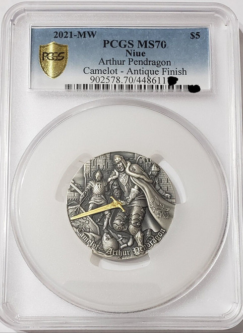 2021 2 Oz Silver $5 Niue Camelot ARTHUR PENDRAGON PCGS MS70 Gold Shield Coin.