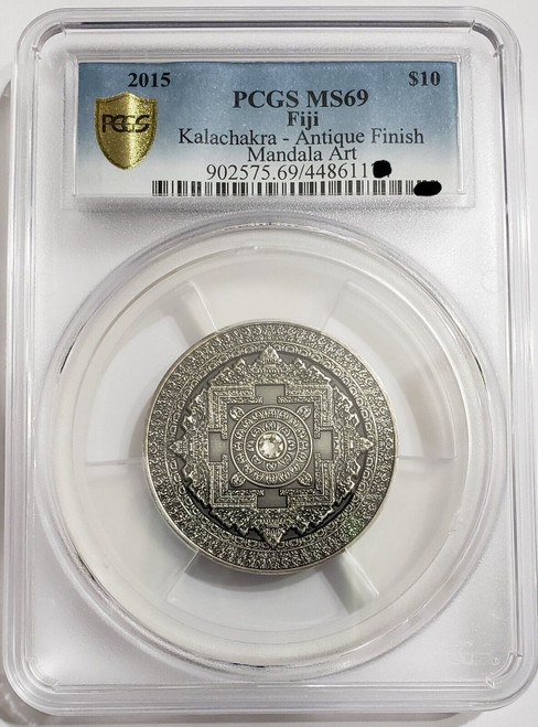 2015 3 Oz Silver $10 Fiji Mandala Art I  KALACHAKRA PCGS MS69 Gold Shield Label Coin.