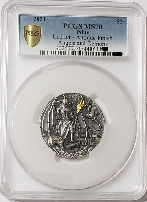 2021 2 Oz Silver $5 Niue Angels And Demons LUCIFER PCGS MS70 Gold Shield Coin.