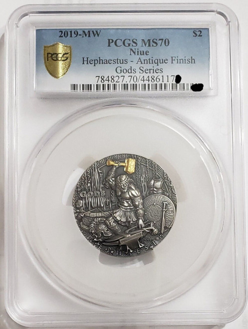 2019 2 Oz Silver $2 Niue Gods HEPHAESTUS PCGS MS70 Gold Shield Long Slab Coin.