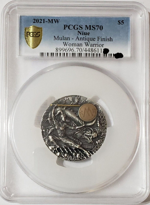2021 2 Oz Silver $5 Niue Woman Warrior MULAN PCGS MS70 Gold Shield Coin.