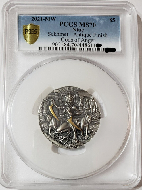 2021 2 Oz Silver $5 Niue Gods Of Anger SEKHMET PCGS MS70 Gold Shield Coin.