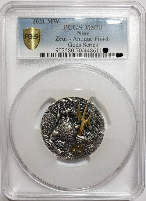 2021 2 Oz Silver $5 Niue Gods ZEUS PCGS MS70 Gold Shield Long Slab Coin.