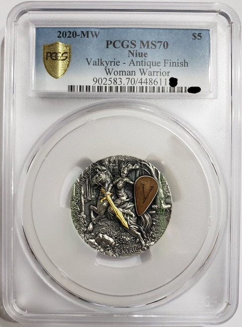2020 2 Oz Silver $5 Niue Woman Warrior VALKYRIE PCGS MS70 Gold Shield Long Slab Coin.