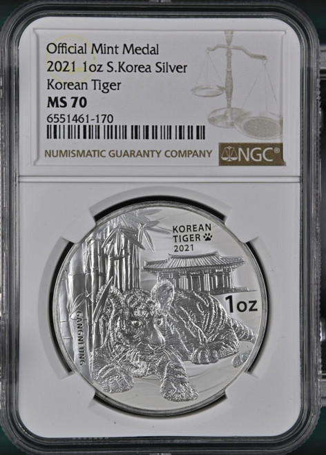 2021 1 Oz Silver South Korean TIGER NGC MS70 Medal.