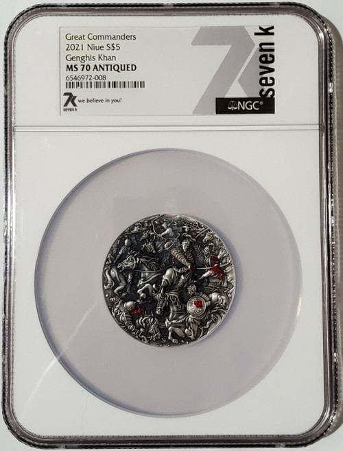 2021 2 Oz Silver $5 Niue Great Commanders GENGHIS KHAN NGC MS70 High Relief Coin.