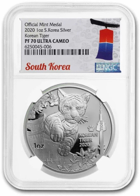 2020 1 Oz Silver South Korean TIGER NGC PR70 Ultra Cameo Proof Medal.
