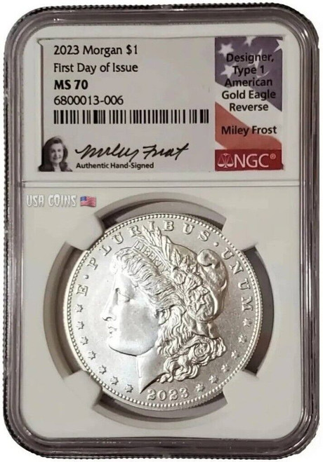 2023-P $1 MORGAN DOLLAR NGC MS70 FDOI Miley Frost Signature Silver Coin.