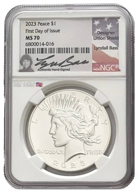 2023-P $1 PEACE DOLLAR NGC MS70 FDOI Lindall Bass Signature Silver Coin.