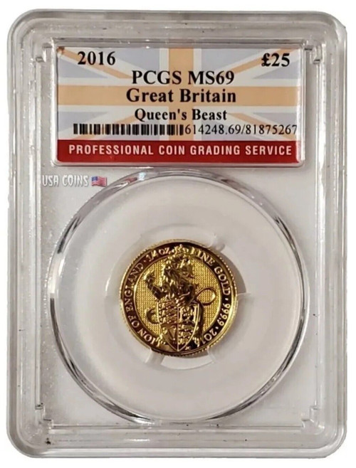 2016 1/4 Oz GOLD £25 Great Britain Queen Beast LION OF ENGLAND PCGS MS69 Coin.