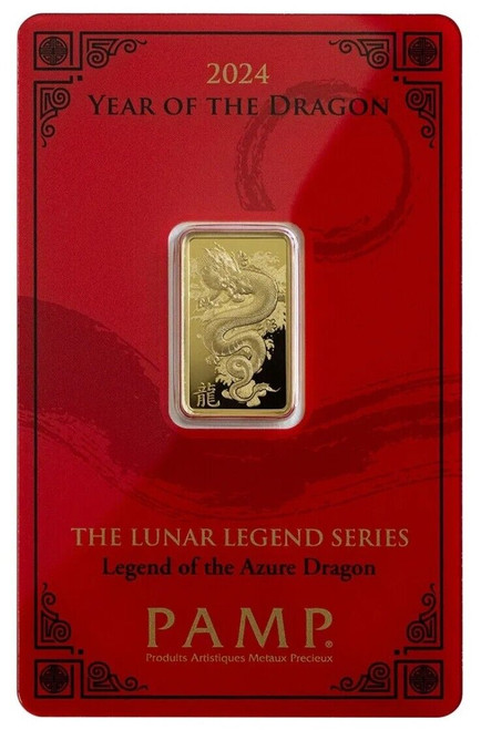 2024 5 Grams GOLD Pamp Suisse Lunar LEGENDS AZURE DRAGON Bar.
