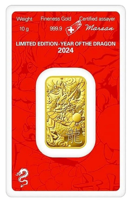 2024 10 Grams GOLD ARGOR HERAEUS YEAR OF THE DRAGON Bar In Assay.
