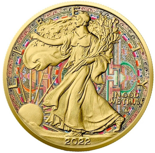 2022 1 Oz Silver $1 CIRCLE OF LIFE AMERICAN EAGLE Gilded Colored Coin.