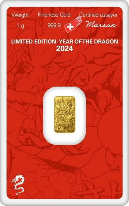 2024 1 Grams GOLD ARGOR HERAEUS YEAR OF THE DRAGON Bar