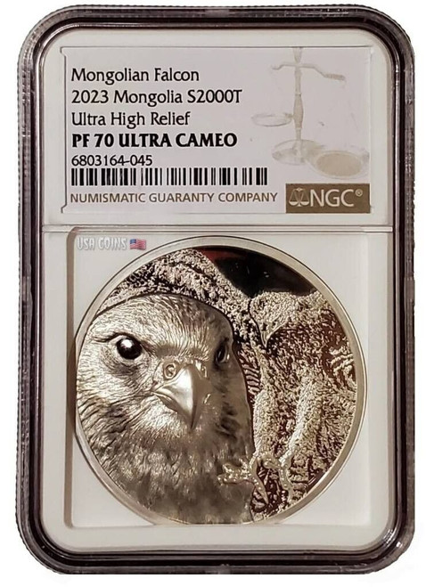 2023 3 Oz Silver 2000 Togrog Mongolia FALCON NGC PF70UCAM High Relief Coin.