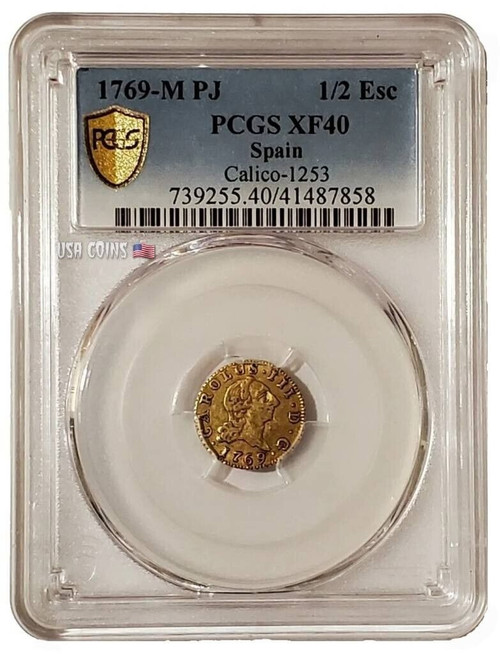 1769-M PJ Spain CAROLUS 3 XF-40 Gold Regular Strike 1/2 Escudo Coin WITH Calico 1253.