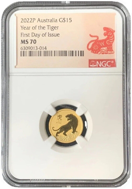 2022 1/10 Oz GOLD $15 Australia YEAR OF THE TIGER NGC MS70 First Day Of Issue Coin.