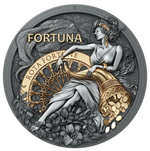 2023 2 Oz Silver $5 Niue FORTUNA Antique Finish Gilded Coin.