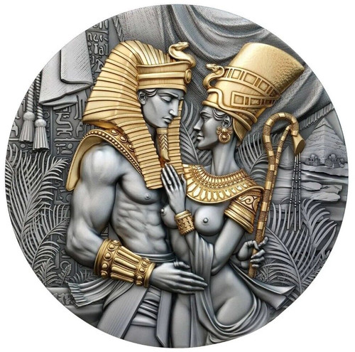 2023 2 Oz Silver 2000 Francs Cameroon AMENHOTEP N NEFERTITI Antiqued Gilded Coin.