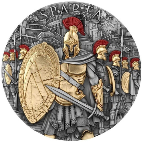 2023 2 Oz Silver $5 Niue SPARTA Antique Finish Gilded Coin.