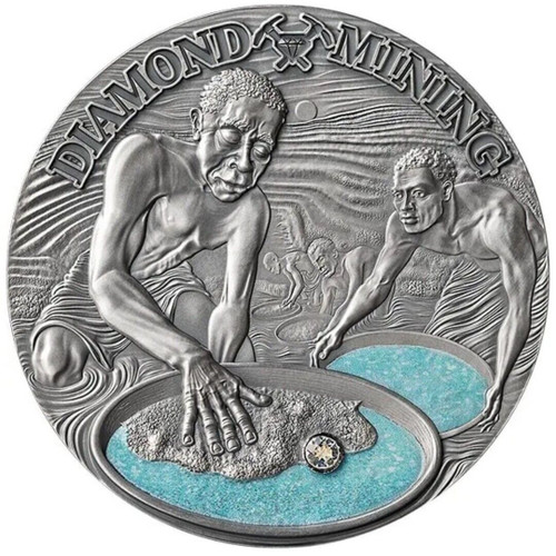 2023 50g Silver 2000 Francs Cameroon Earth Treasures DIAMOND MINING Antique Finish Coin.
