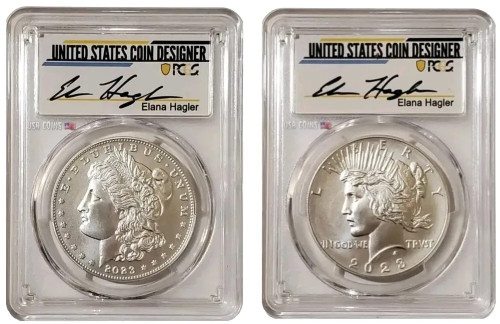 2023-P $1 MORGAN N PEACE DOLLAR PCGS MS70 FDOI Elana Hagler Signature Silver Coins Set.