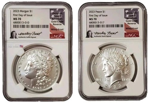 2023-P $1 MORGAN N PEACE DOLLAR NGC MS70 FDOI Miley Frost Signature Coins Silver Set.