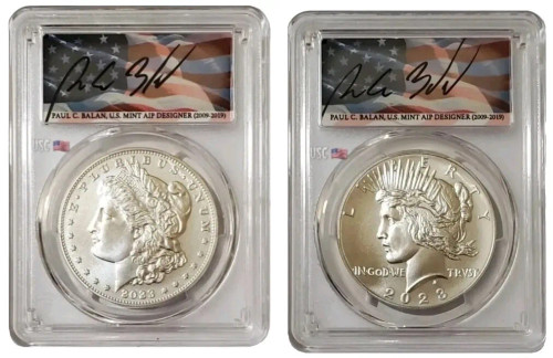 2023-P $1 MORGAN N PEACE DOLLAR PCGS MS70 FDOI Paul Balan Signature Silver Coins Set.