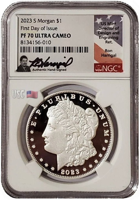 2023-S $1 MORGAN DOLLAR NGC PR70UCAM FDOI Ron Harrigal Signature Silver Proof Coin.