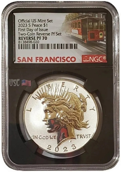 2023-S Reverse Proof PEACE DOLLAR NGC PF70 First Day Of Issue Trolley Label Black Slab Silver Coin.