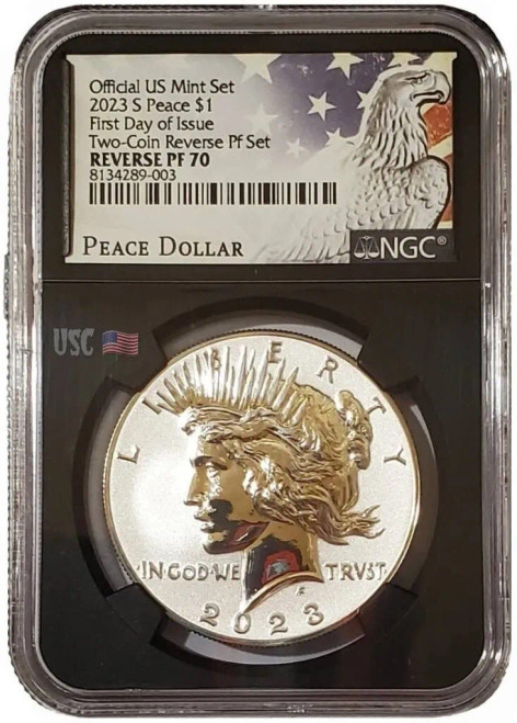 2023-S Reverse Proof PEACE DOLLAR NGC PF70 First Day Of Issue Black Slab Silver Coin.