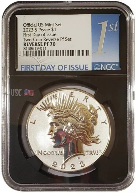 2023-S Reverse Proof PEACE DOLLAR NGC PF70 First Day Of Issue Blue Label Black Slab Silver Coin.