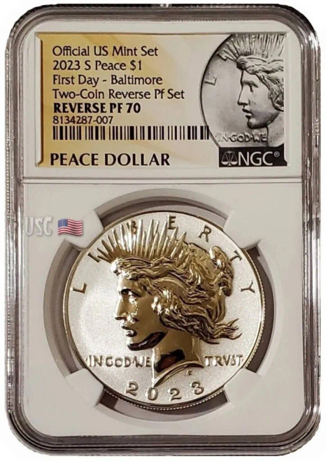 2023-S Reverse Proof PEACE DOLLAR NGC PF70 First Day Baltimore Yellow Peace Label Silver Coin.
