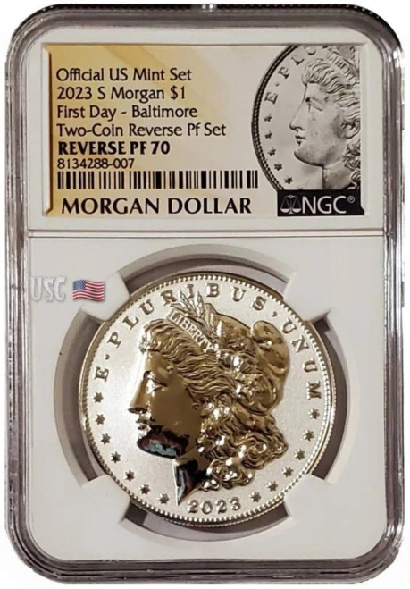 2023-S Reverse Proof MORGAN DOLLAR NGC PF70 First Day Baltimore Yellow Morgan Label Silver Coin.