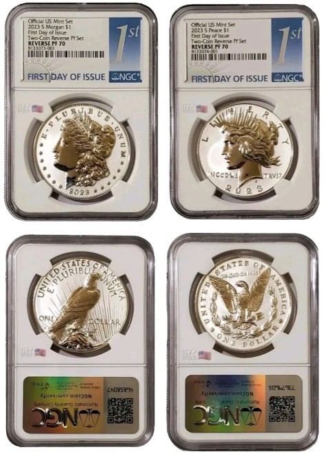 2023-S Reverse Proof MORGAN N PEACE DOLLAR NGC PF70 FDOI Blue Label Coins Silver Set.