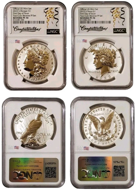 2023-S $1 Reverse Proof MORGAN N PEACE DOLLAR NGC PF70 First Day Of Issue Congratulations Label White Slab Silver Coins Set.