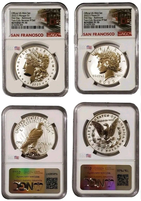 2023-S $1 Reverse Proof MORGAN N PEACE DOLLAR NGC PF70 First Day Baltimore Trolley Label Silver Coins Set.