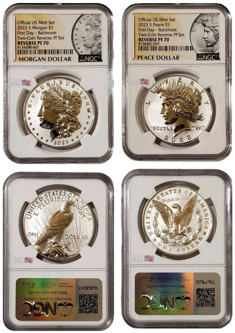 2023-S $1 Reverse Proof MORGAN N PEACE DOLLAR NGC PF70 First Day Baltimore Yellow Label Silver Coins Set.