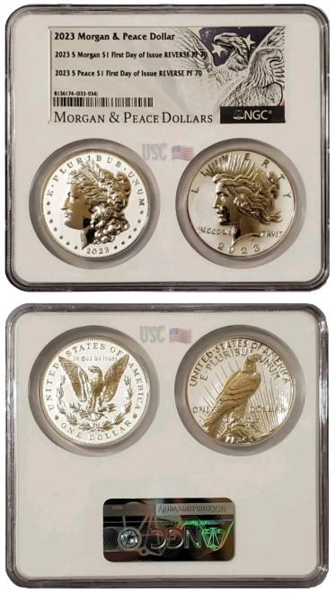 2023-S Reverse Proof MORGAN N PEACE DOLLAR NGC PF70 FDOI Dual Coin Set.