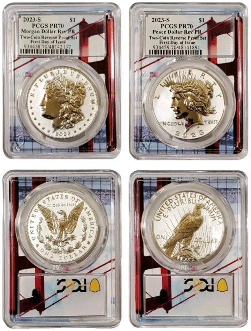 2023-S Reverse Proof MORGAN N PEACE DOLLAR NGC PF70 FDOI Golden Gate Label Silver Coins Set.