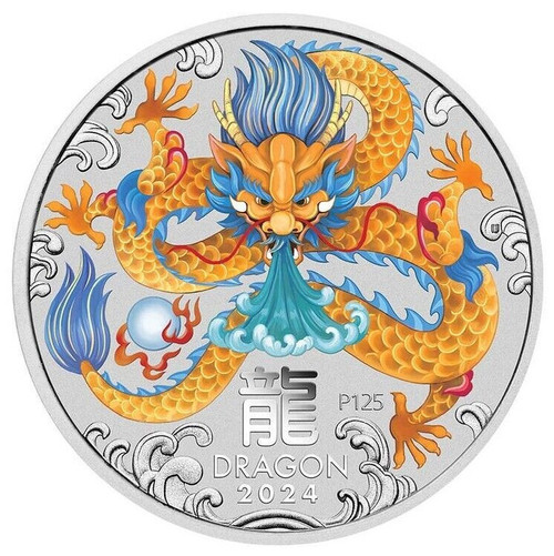 2024 1 Oz Silver $1 Australia YEAR OF THE DRAGON Colored Coin In Card.