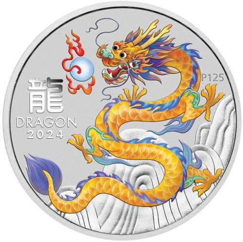 2024 1 Oz Silver $1 Australia YELLOW YEAR OF THE DRAGON Melbourne Money Fair Colored Coin In Card.
