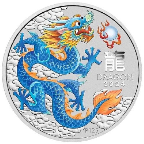2024 1 Oz Silver $1 Australia BLUE YEAR OF THE DRAGON Pert Mint Stamp Colored Coin In Card.