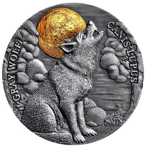 2020 2 Oz Silver $5 Niue Wildlife In The Moonlight GRAY WOLF Antique Finish Coin.