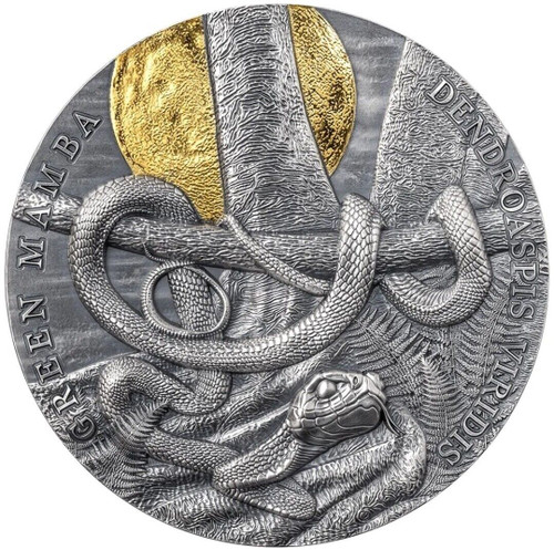 2022 2 Oz Silver 10 Cedis Ghana Wildlife In The Moonlight GREEN MAMBA Antique Finish Coin.