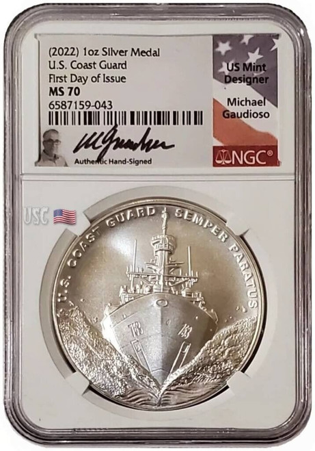 2022-S 1 Oz Silver U.S COAST GUARD NGC MS70 First Day Of Issue Medal.