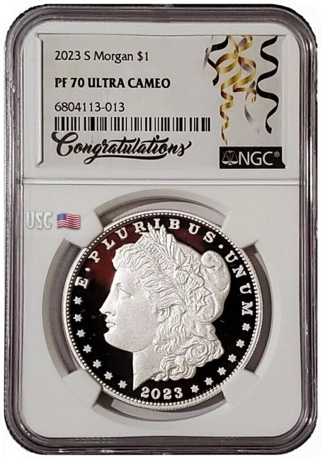 2023-S $1 MORGAN DOLLAR NGC PR70UCAM Congratulations Label Silver Proof Coin.