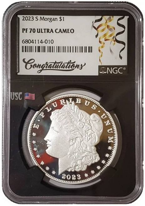 2023-S $1 MORGAN DOLLAR NGC PR70UCAM Congratulations Label Black Slab Silver Proof Coin.